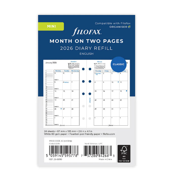 Filofax 2026 Mini Month on Two Pages Refill
