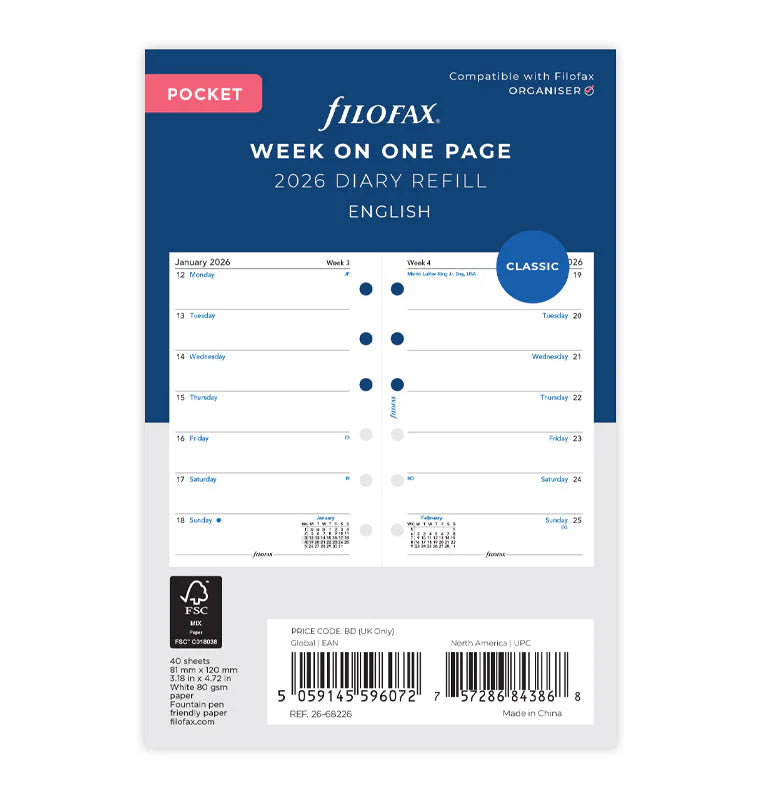 Filofax 2026 Pocket Week on One Page Refill