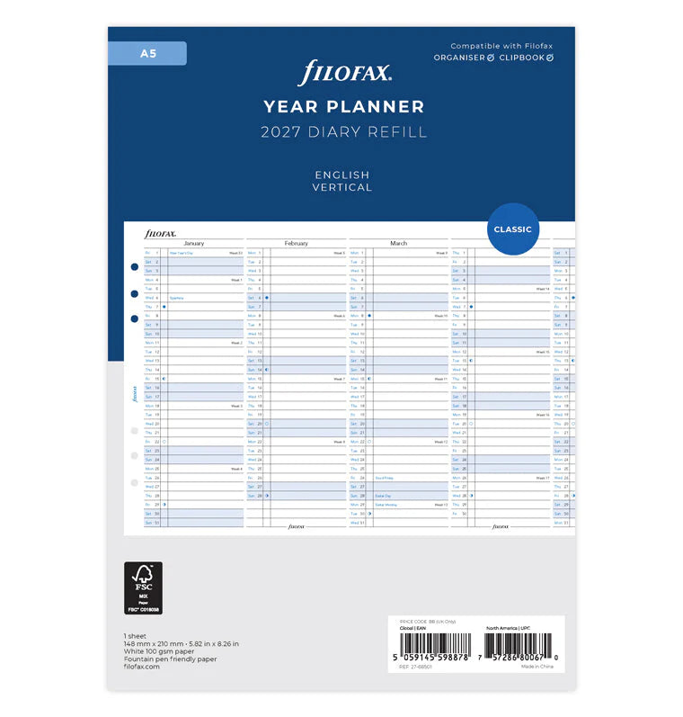 Filofax 2027 A5 Vertical Year Planner