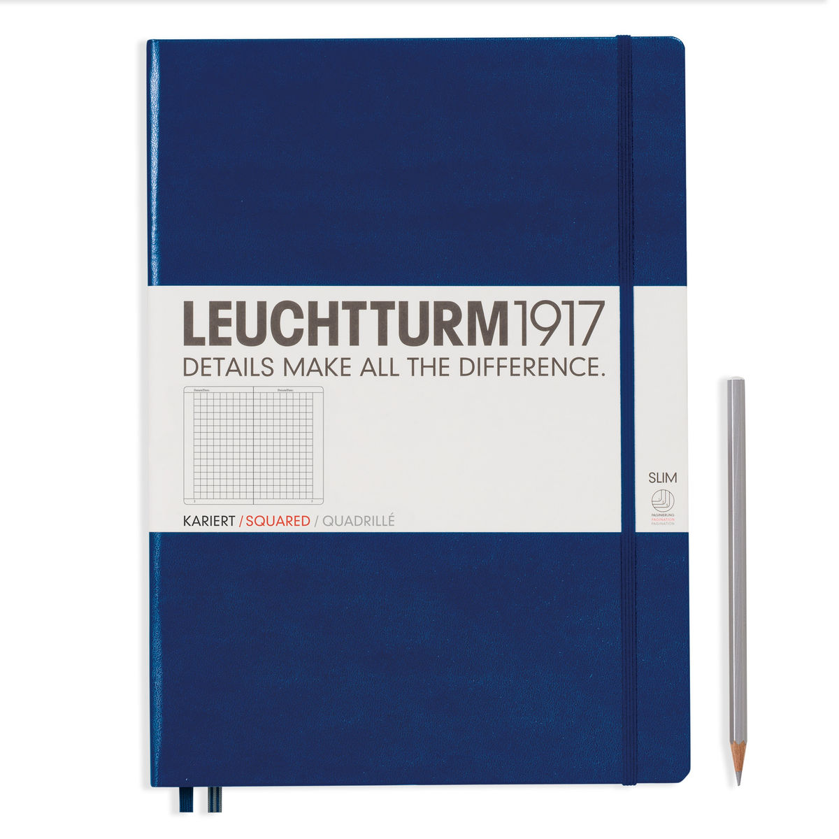LEUCHTTURM1917 Notebook Master Slim (A4+) Hardcover, 121 Numbered Pages, Squared, Navy