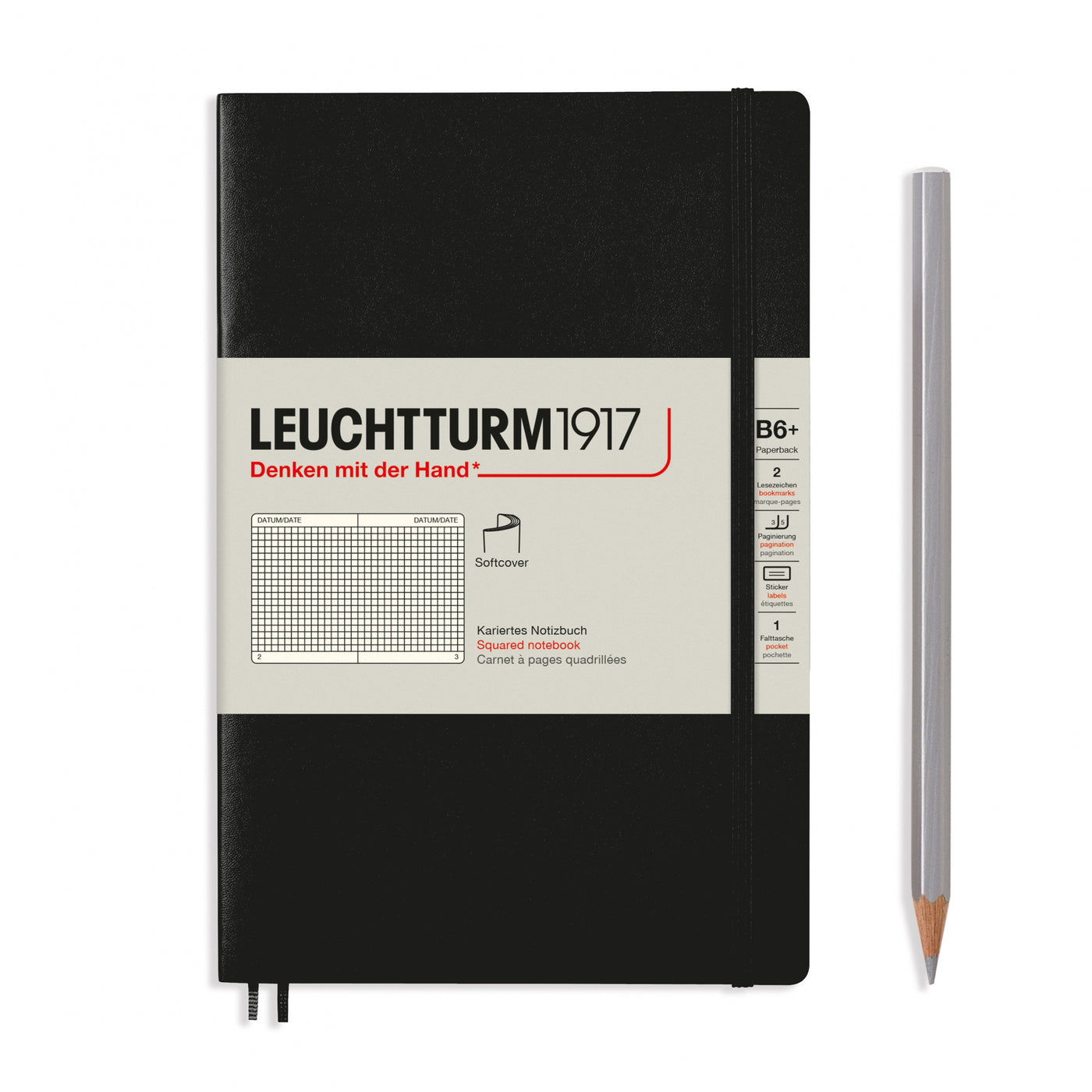 LEUCHTTURM1917 Notebook Softcover Paperback (B6+), 123 pages, Squared - Black