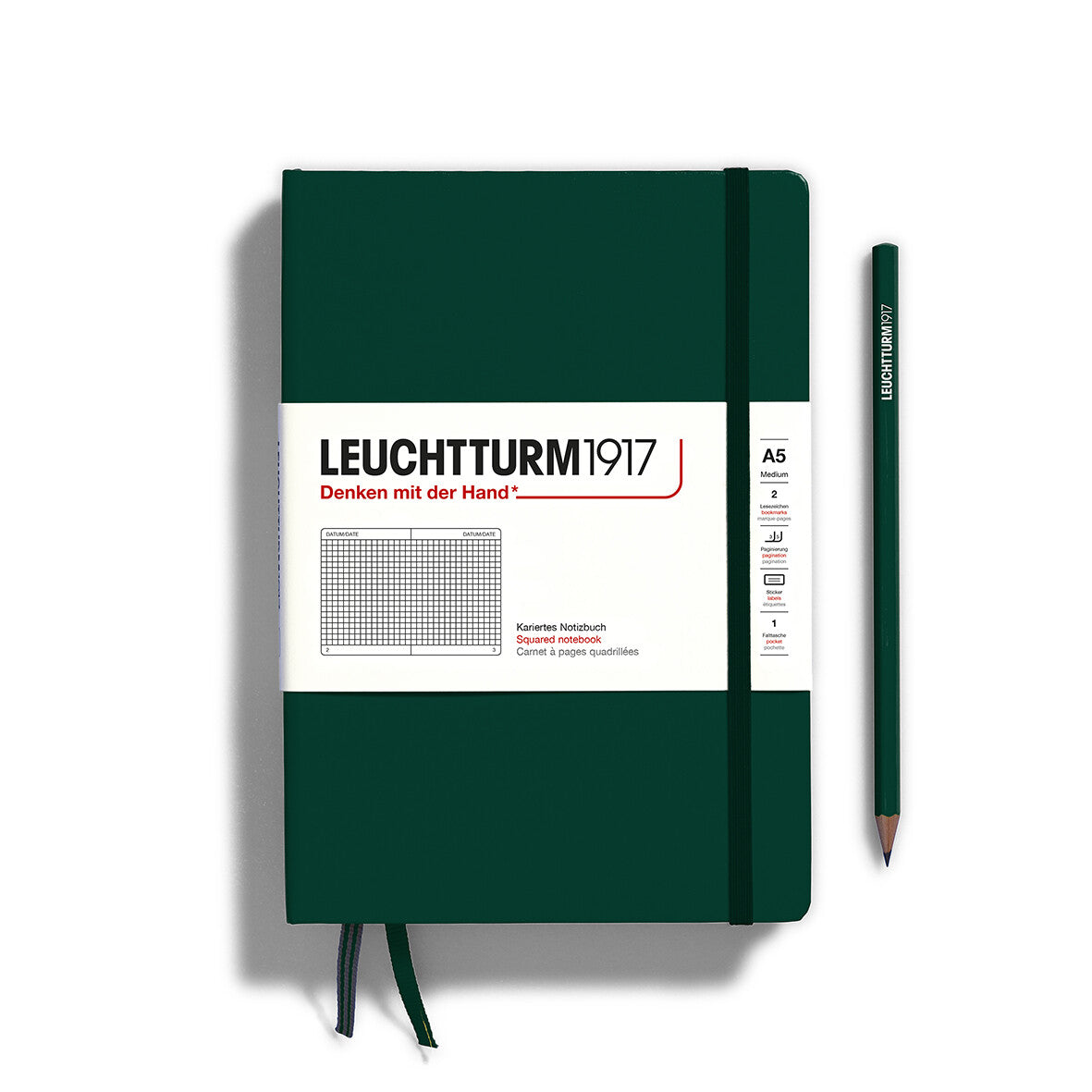 LEUCHTTURM1917 Notebook Hardcover Medium (A5), 251 pages, Squared - Forest Green