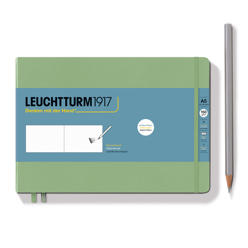 LEUCHTTURM1917 Sketchbook, Medium (A5) Landscape, Hardcover, Plain, 112 pages(150gsm) - Sage Green