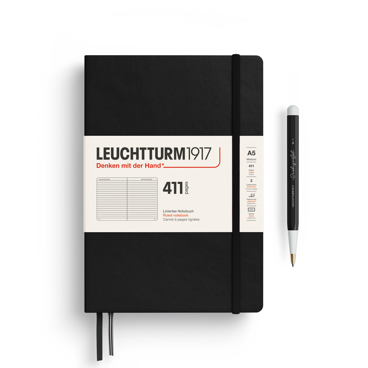 LEUCHTTURM1917 Notebook Medium (A5) HC, 411 Numbered Pages, Ruled - Black