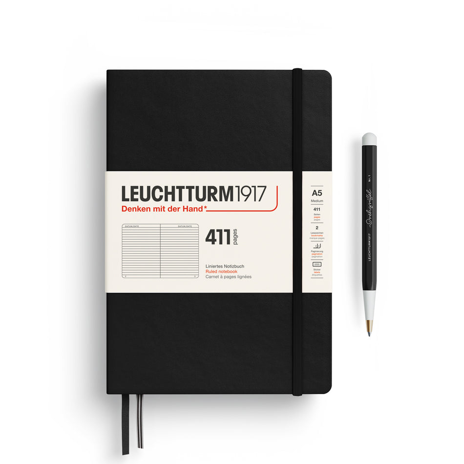LEUCHTTURM1917 Notebook Medium (A5) HC, 411 Numbered Pages, Ruled - Black