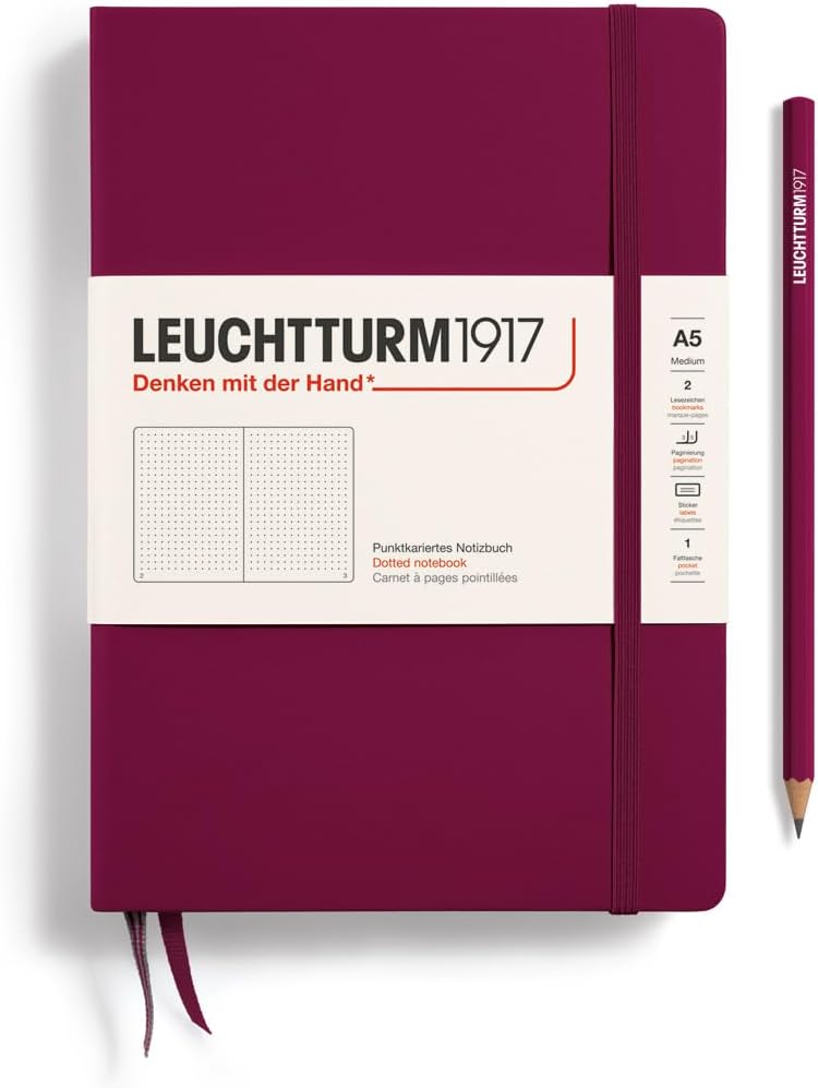 LEUCHTTURM1917 Notebook Medium (A5), Dotted Hardcover 251 Numbered Pages - Port Red