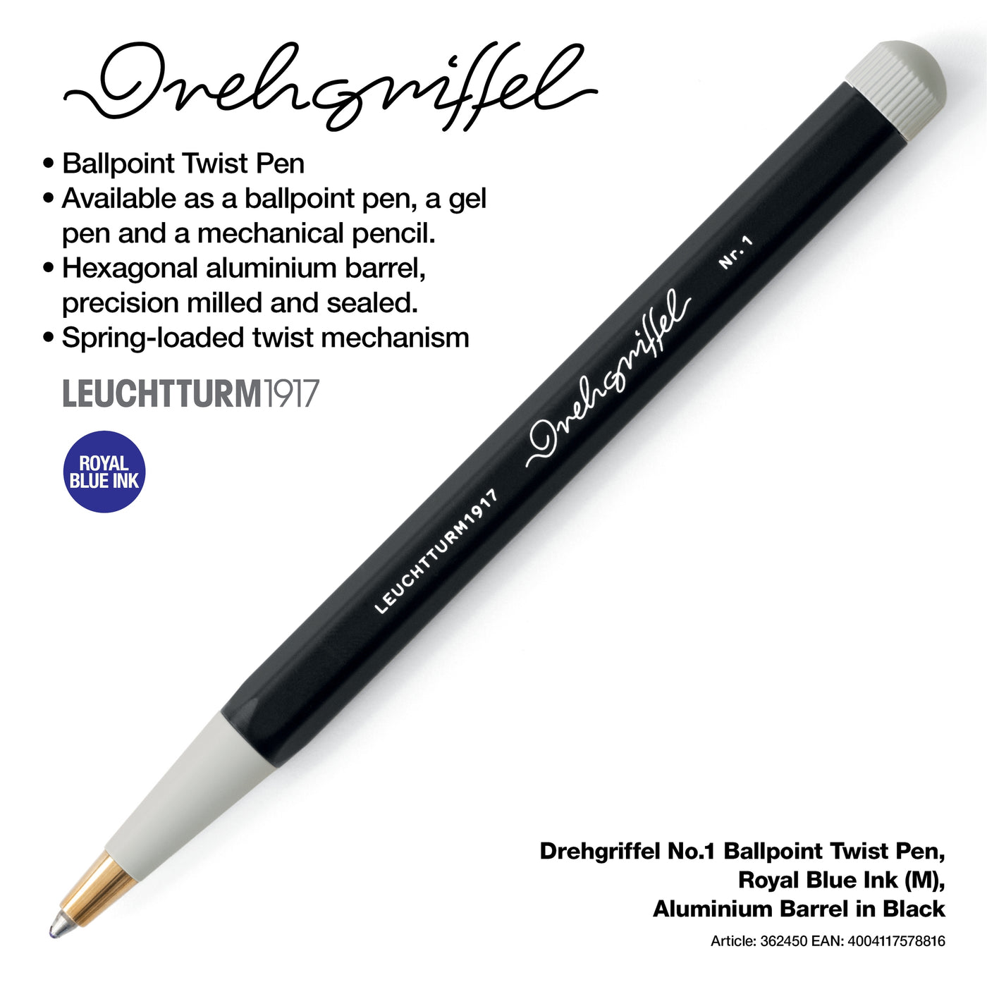 LEUCHTTURM1917 Drehgriffel No.1 Ballpoint Twist Pen, Royal Blue Ink (M), Aluminium Barrel - Black