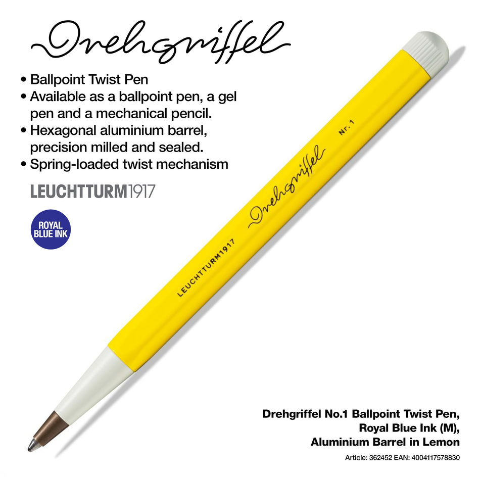 LEUCHTTURM1917 Drehgriffel No.1 Ballpoint Twist Pen, Royal Blue Ink (M), Aluminium Barrel - Lemon Yellow