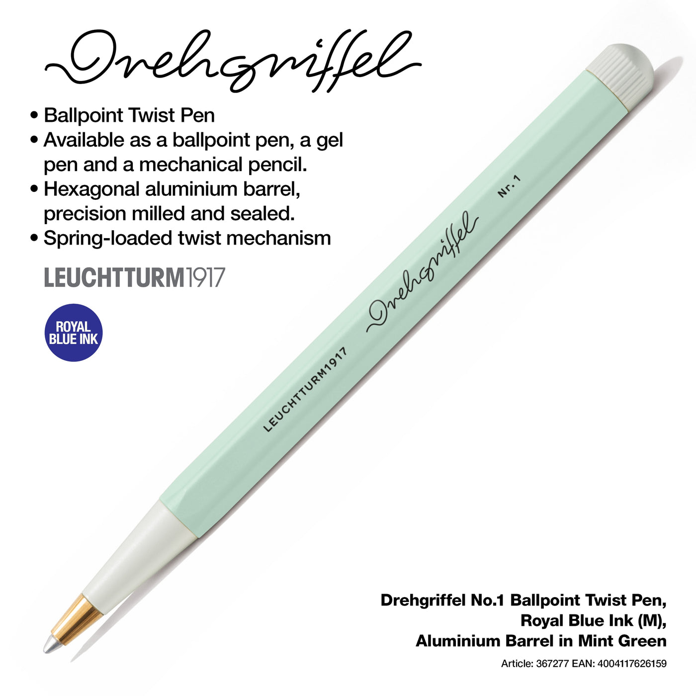 LEUCHTTURM1917 Drehgriffel No.1 Ballpoint Twist Pen, Royal Blue Ink (M), Aluminium Barrel - Mint Green