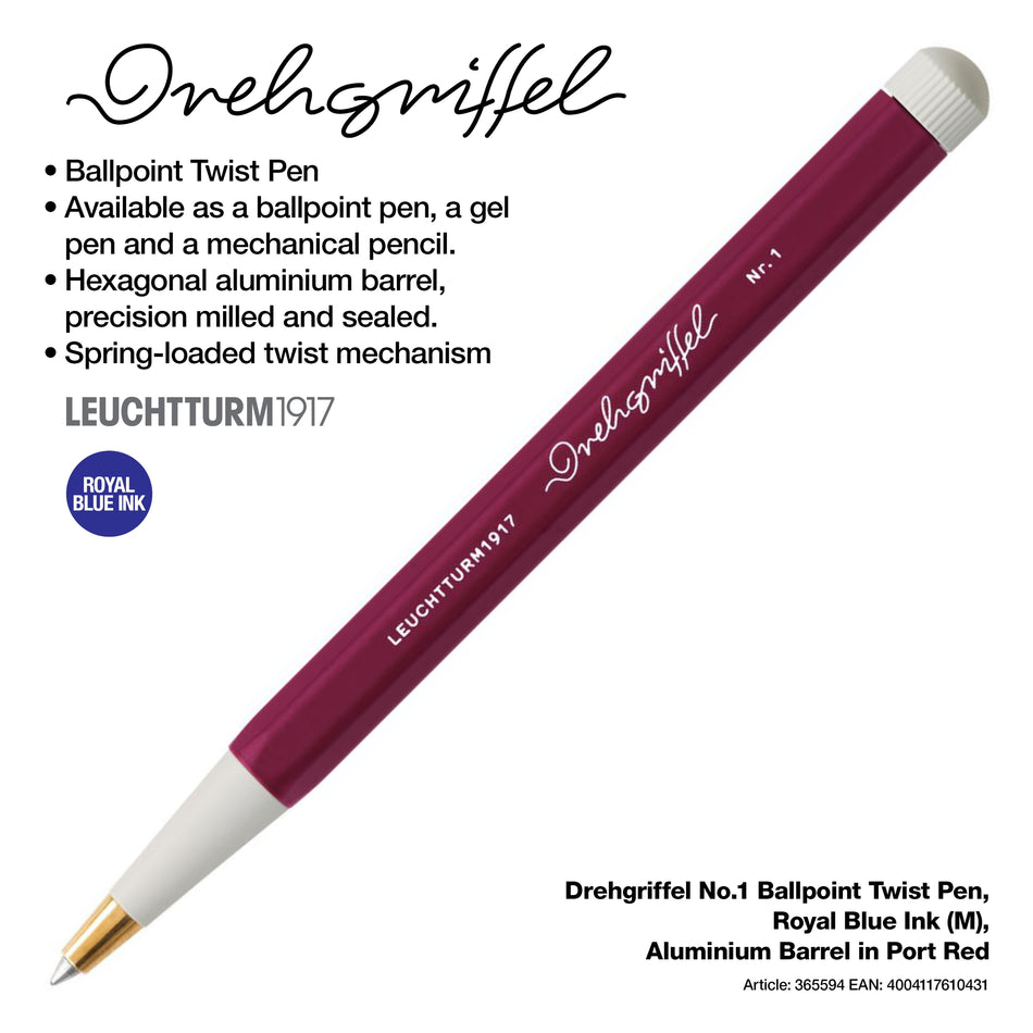 LEUCHTTURM1917 Drehgriffel No.1 Ballpoint Twist Pen, Royal Blue Ink (M), Aluminium Barrel - Port Red