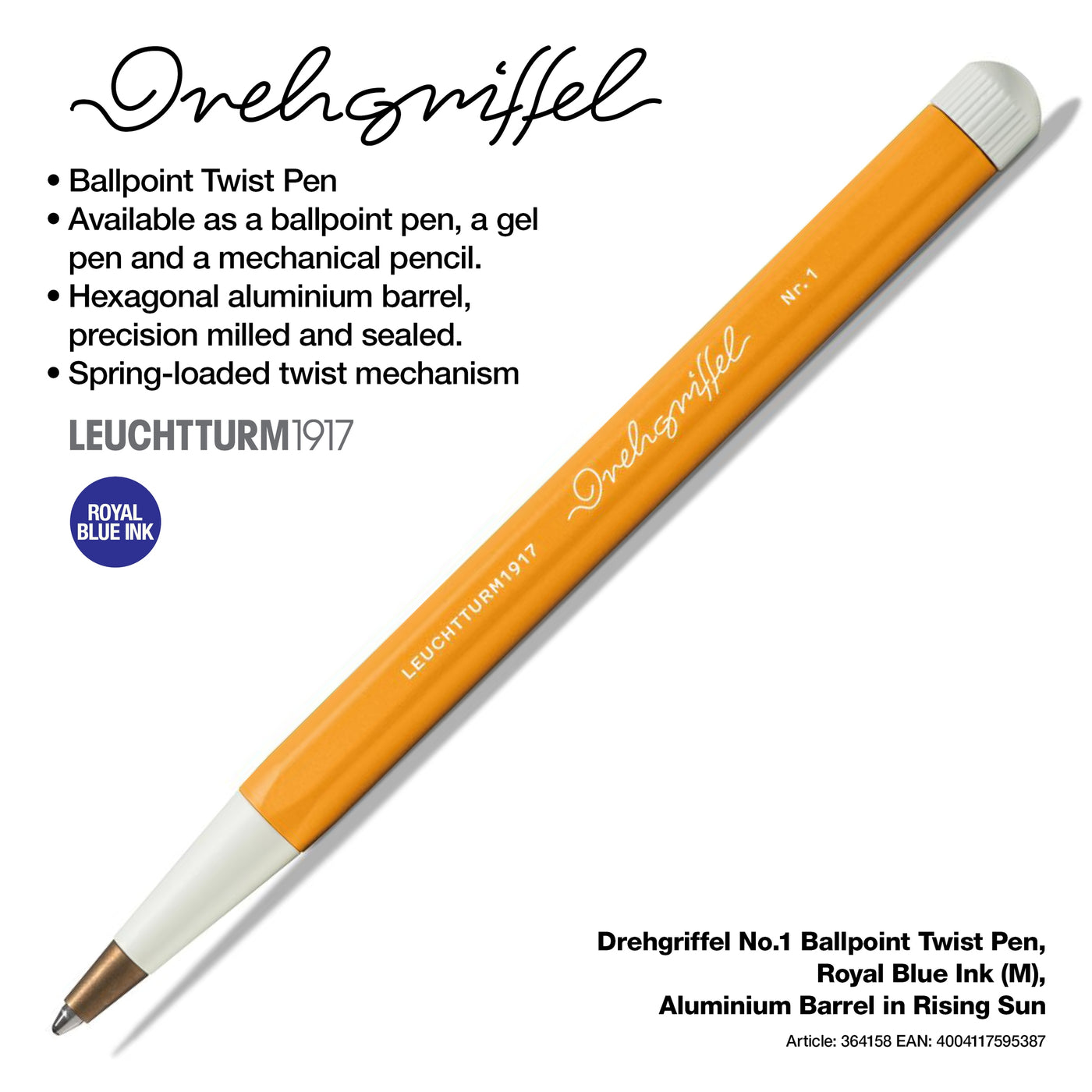 LEUCHTTURM1917 Drehgriffel No.1 Ballpoint Twist Pen, Royal Blue Ink (M), Aluminium Barrel - Rising Sun