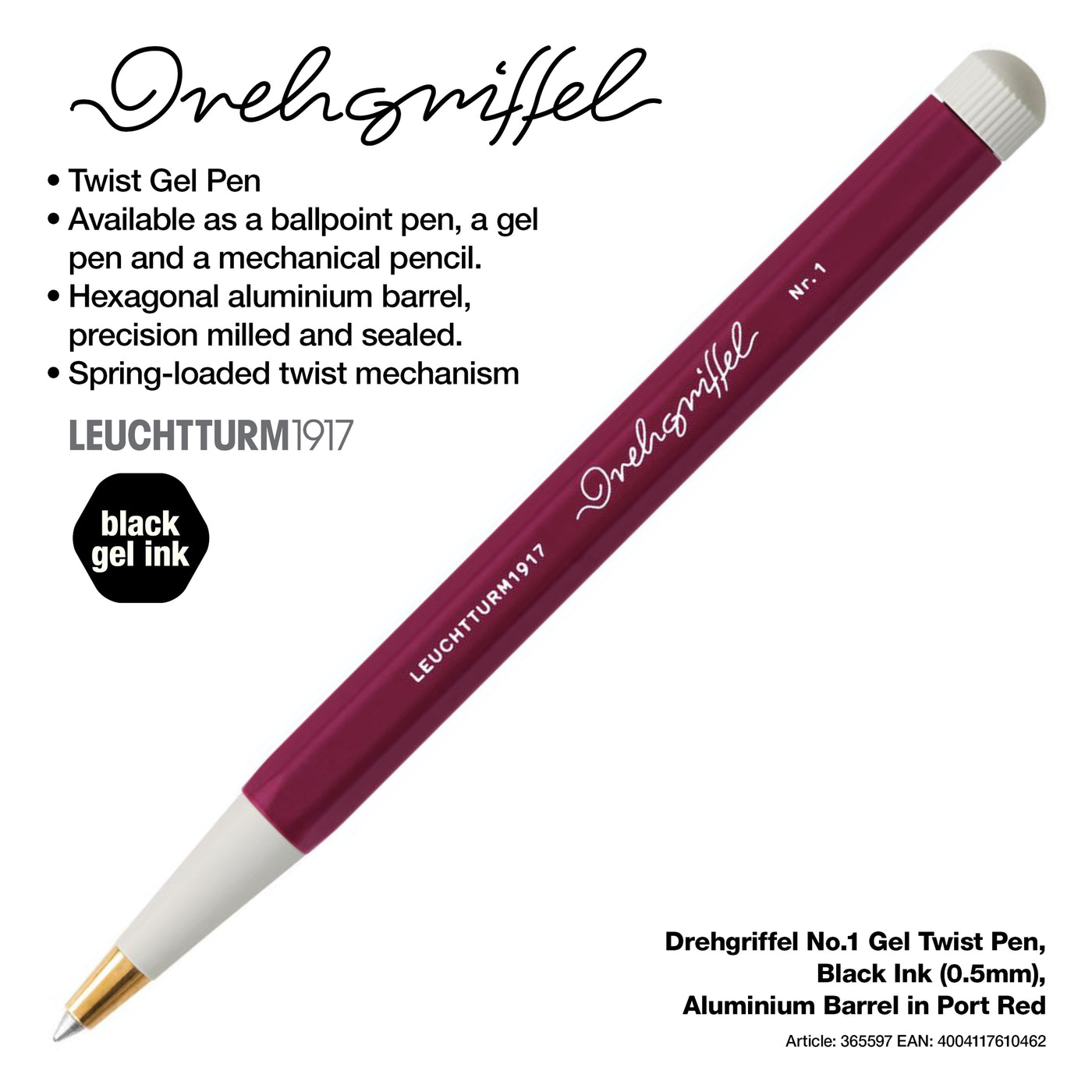 LEUCHTTURM1917 Drehgriffel No.1 Gel Twist Pen, Black Ink (0.5mm), Aluminium Barrel - Port Red