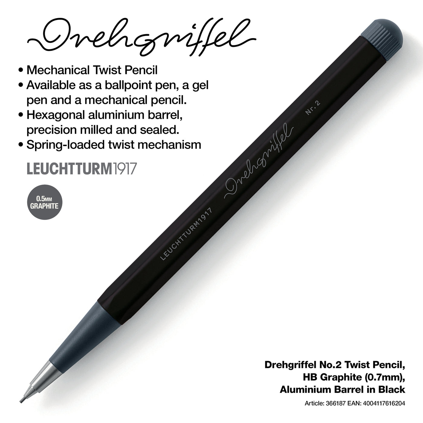 LEUCHTTURM1917 Drehgriffel No.2 Twist Pencil, HB Graphite (0.7mm), Aluminium Barrel - Black