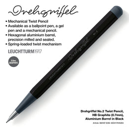 LEUCHTTURM1917 Drehgriffel No.2 Twist Pencil, HB Graphite (0.7mm), Aluminium Barrel - Black