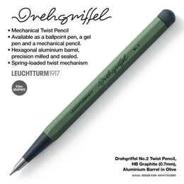 LEUCHTTURM1917 Drehgriffel No.2 Twist Pencil, HB Graphite (0.7mm), Aluminium Barrel in Olive