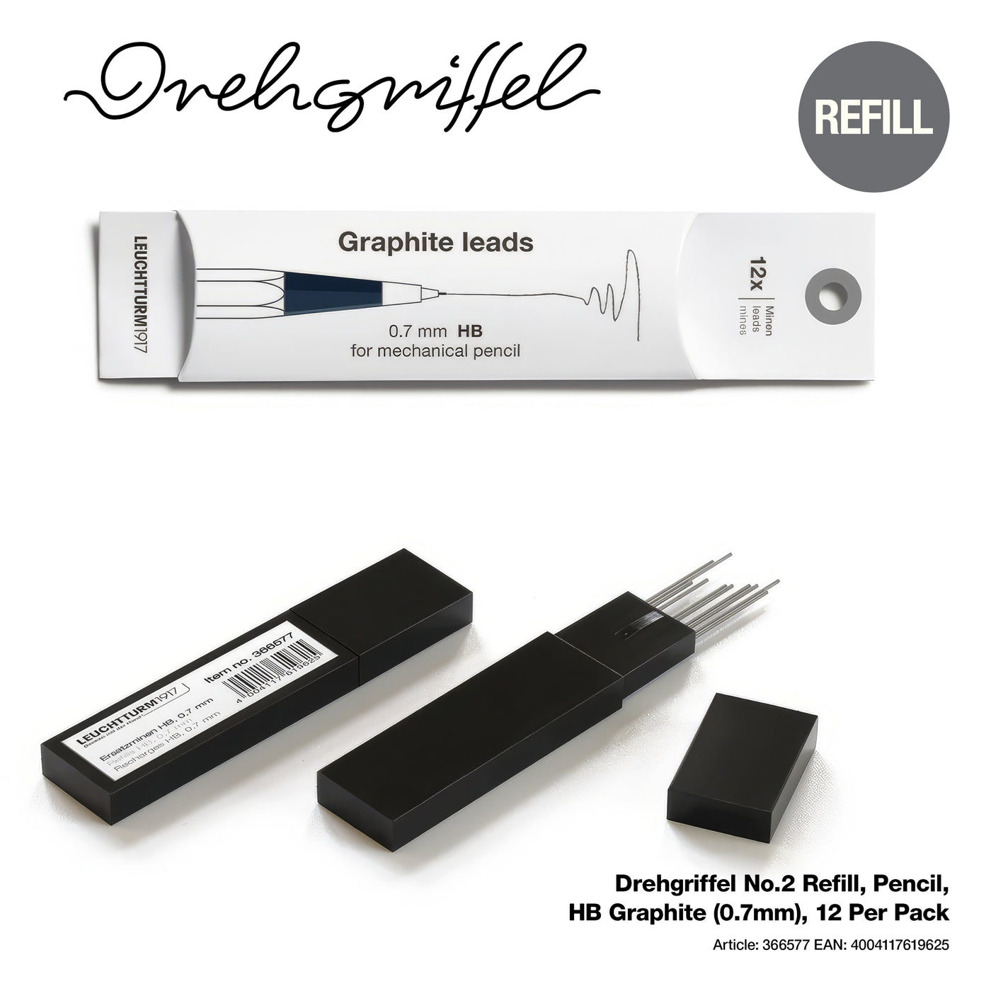 LEUCHTTURM1917 Drehgriffel No.2 Refill, Pencil, HB Graphite (0.7mm), 12 Per Pack