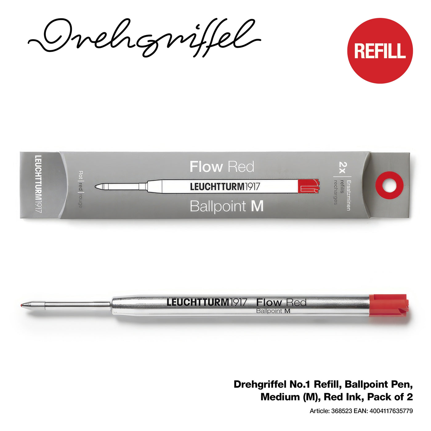 LEUCHTTURM1917 Drehgriffel No.1 Refill, Ballpoint Pen, Medium (M), Red Ink, Pack of 2