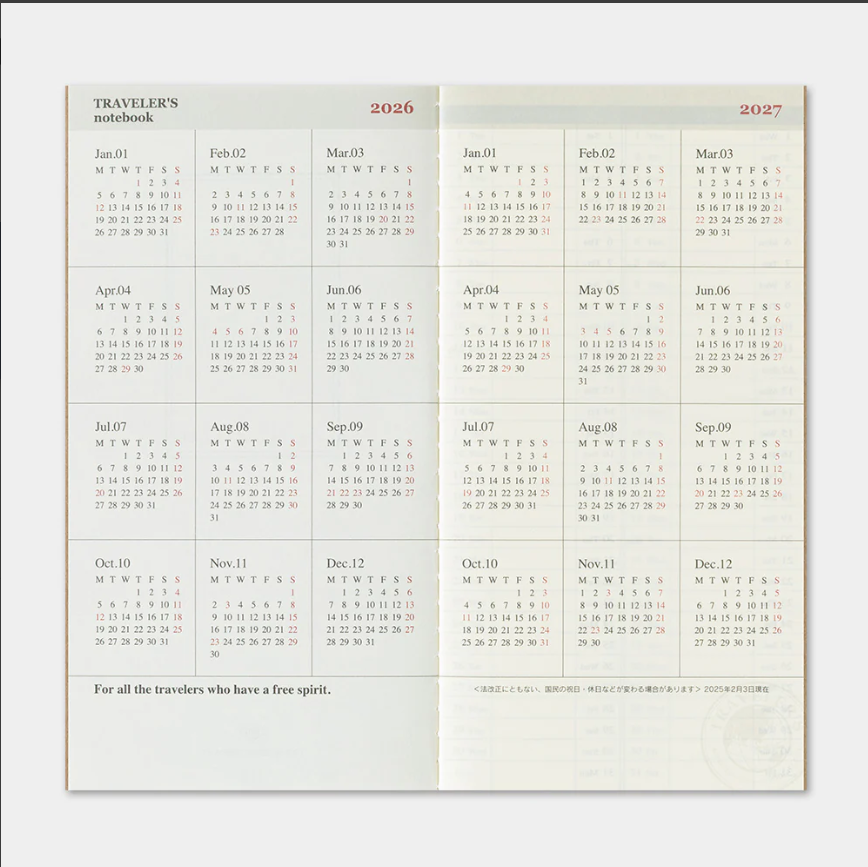 TRAVELER'S Notebook Regular Size Refill - 2026 Weekly Vertical (July to December)