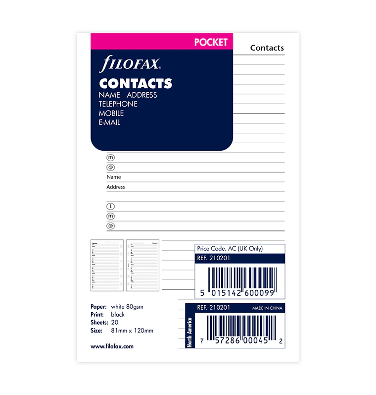 Filofax Contacts Refill - Pocket