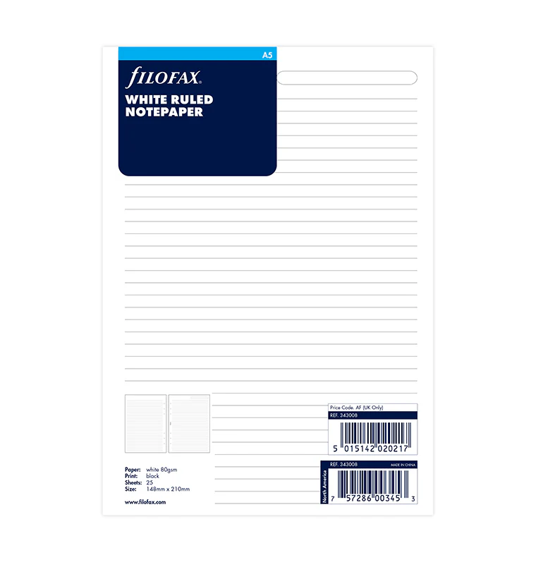 Filofax A5 White Ruled Notepaper Refill (25 Sheets)