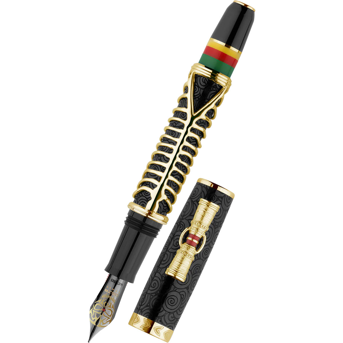 Delta Indigenous People Fountain Pen - Simbu Dancing Skeletons - Black Resin - Gold-Plated Sterling Silver Cage (Limited Edition)
