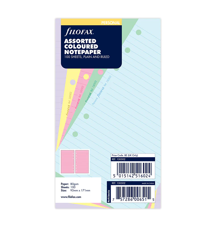 Filofax Personal Assorted Colored Notepaper, Plain And Ruled Value Pack Refill