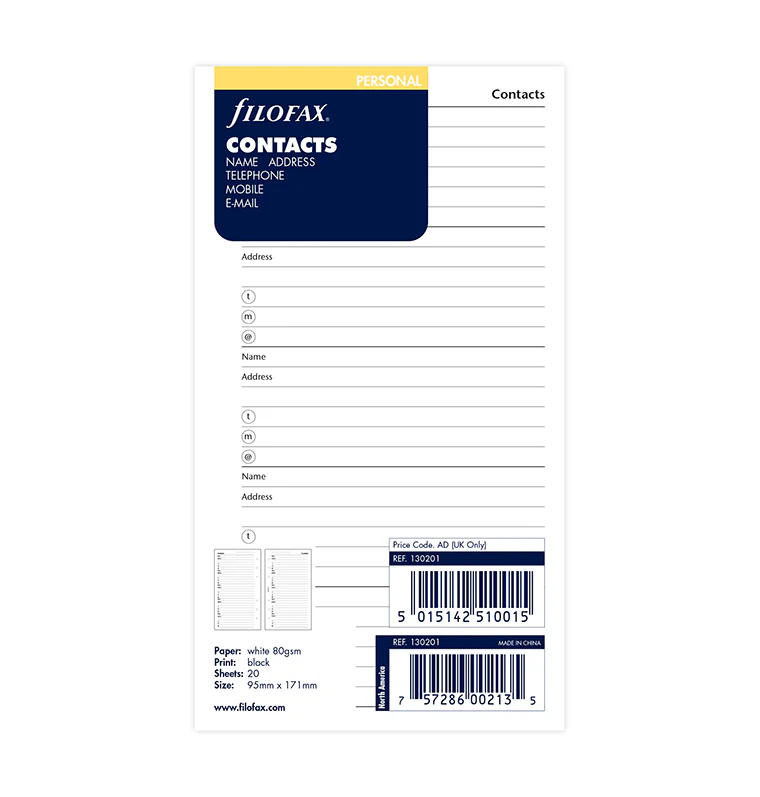 Filofax Personal Contacts Refill