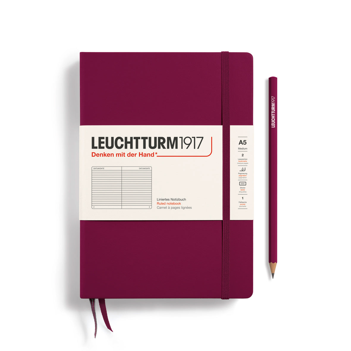 LEUCHTTURM1917 Notebook Medium (A5) Ruled, Hardcover, 251 Numbered Pages - Port Red