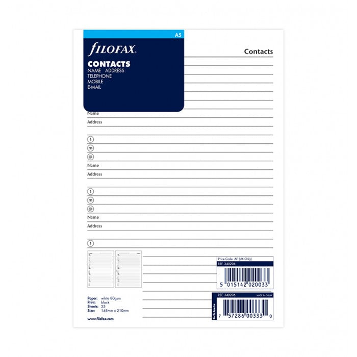 Filofax A5 Organizer/Clipbook - Contacts Refill
