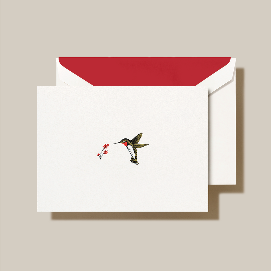 Hand Engraved Humming Bird Notes on Pearl White Kid Finish Stationery Set